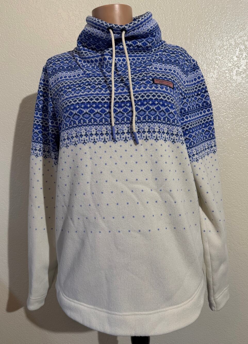 Vineyard Vines Women's Blue White Fair Isle Cowl Neck Fleece Sweater - MEDIUM